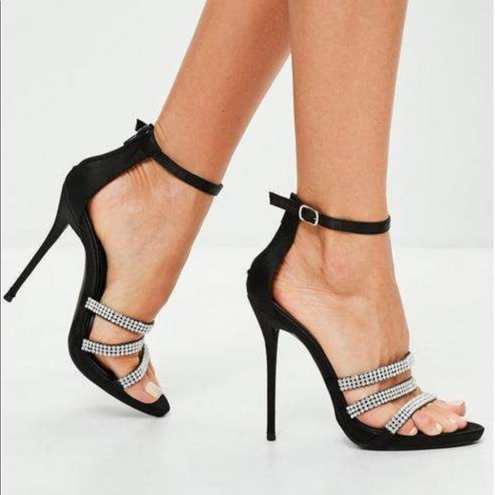 Three strap rhinestone embellished satin heel